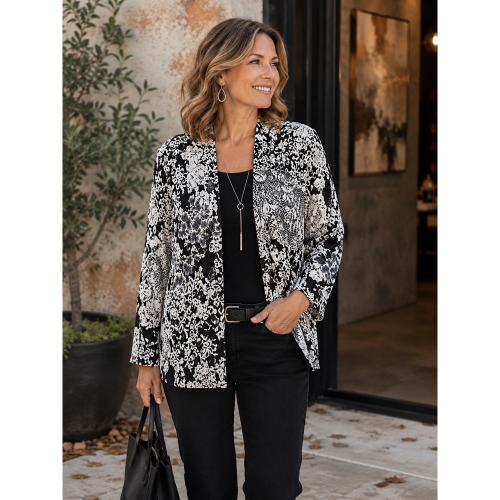 Analogy Women's Large Crinkle Jacket Black White Floral Open Front Cardigan L